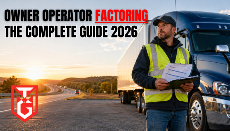 Owner operator factoring guide showing a truck driver reviewing freight invoices beside a semi truck